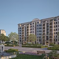 Elegant Mid Rise Residential Building Exterior With Landscaped Gardens Trees And Lawns