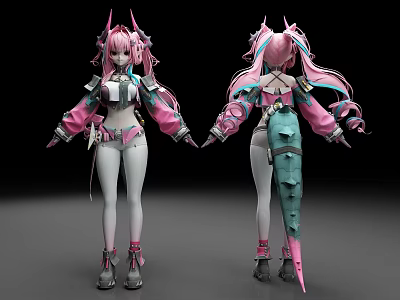 Woman With Pink Long Hair Wearing Pink White Mechanical Outfit With Horns And Green Tail 3d model