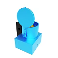 Blue Cylindrical Device With Open Lid Yellow Components And Black Control Panel