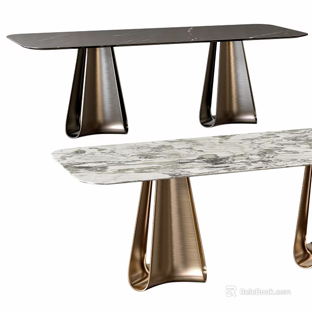 Modern Dining Table With Marble Top And Metal Legs Plus Matching Bench 3d model 