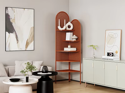 Elegant Modern Curved Bookcase Design In Living Room With Artwork And Potted Plant 3d model