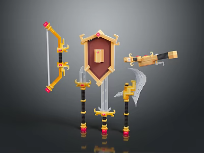 Decorative Medieval Weapons Collection Featuring Bow Shield Sword And Axe With Golden Accents 3d model