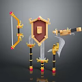 Decorative Medieval Weapons Collection Featuring Bow Shield Sword And Axe With Golden Accents