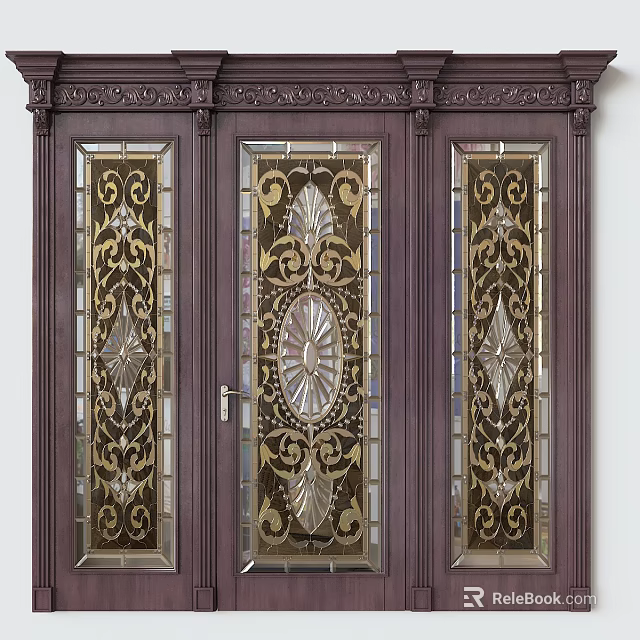 Elegant Swing Door With Ornate Glass Panels Intricate Patterns And Dark Wood Frame 3d model 