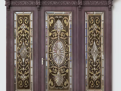 Elegant Swing Door With Ornate Glass Panels Intricate Patterns And Dark Wood Frame 3d model