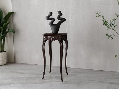 Dark Wooden Side Table With Carved Legs And Abstract Sculptural Vases By Green Plants 3d model