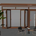 Glass Door Structure With Wooden Roof Featuring Two Black Chairs Small Round Table Green Plant
