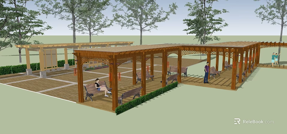 Wooden Lattice Pergola in Outdoor Park with Benches Trees and People Relaxing 3d model 