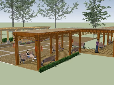 Wooden Lattice Pergola in Outdoor Park with Benches Trees and People Relaxing 3d model