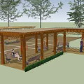 Wooden Lattice Pergola in Outdoor Park with Benches Trees and People Relaxing