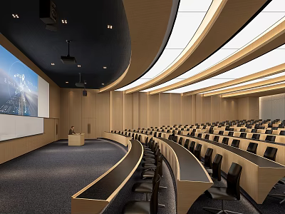 Modern Conference Room With Curved Seating Projection Screen Wooden Walls Black Chairs And Ceiling Lighting 3d model