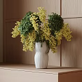 White Striped Vase With Yellow Flowers And Green Leaves On Wooden Shelf Against Wooden Wall
