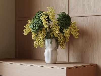 White Striped Vase With Yellow Flowers And Green Leaves On Wooden Shelf Against Wooden Wall 3d model