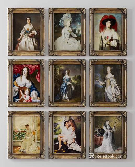 Multiple Classical Portrait Paintings in Ornate Frames with Historical Dresses and Background Details 3d model 