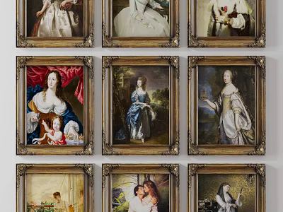 Multiple Classical Portrait Paintings in Ornate Frames with Historical Dresses and Background Details 3d model