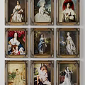 Multiple Classical Portrait Paintings in Ornate Frames with Historical Dresses and Background Details