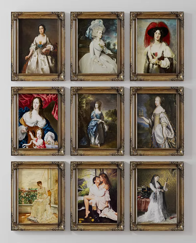 Multiple Classical Portrait Paintings in Ornate Frames with Historical Dresses and Background Details 3d model