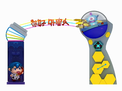 Bump Alien Gate With Colorful Light Rays Blue Haired Doll And Yellow Hexagons 3d model Bump Alien Gate With Colorful Light Rays Blue Haired Doll And Yellow Hexagons 3d model