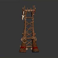Intricate Wooden Tower Structure With Intertwined Sticks Ropes And Red Bands