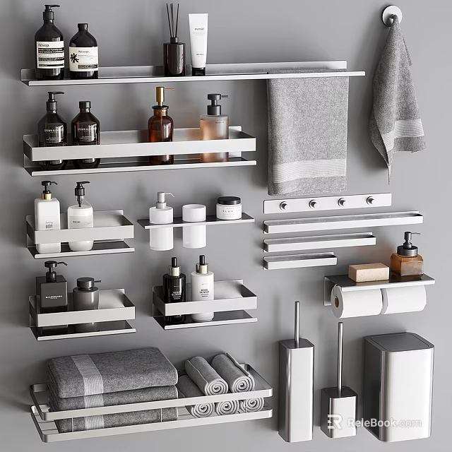 Modern Bathroom Accessories With Sleek Metal Storage Shelves Towel Racks And Tissue Holders 3d model 