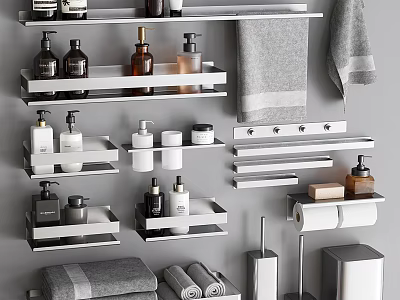Modern Bathroom Accessories With Sleek Metal Storage Shelves Towel Racks And Tissue Holders 3d model
