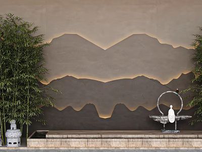 Garden Ornaments With Mountain Shaped Wall Lighting Tall Bamboo Stone Lantern And Fountain Statue 3d model