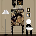 Elegant Black Decorative Cabinet With Golden Floral Bird Patterns And Floor Lamp Chair Wall Art