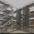 Shopping Mall Lobby With Glass Elevator Staircases And Modern Lighting Design