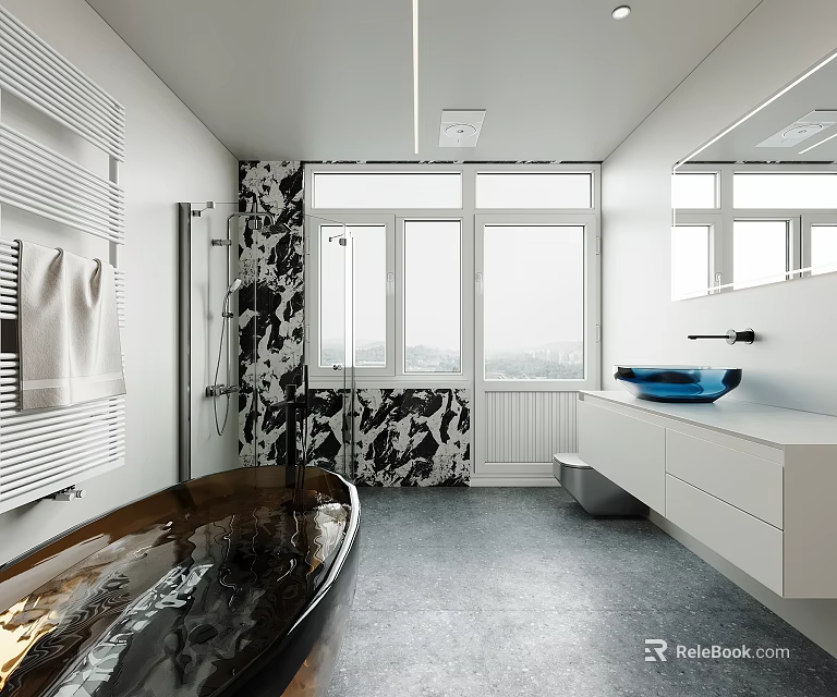 Modern Bathroom Interior Design With Black Bathtub Patterned Wall Blue Basin White Countertop And Large Window 3d model 
