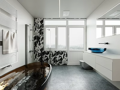 Modern Bathroom Interior Design With Black Bathtub Patterned Wall Blue Basin White Countertop And Large Window 3d model