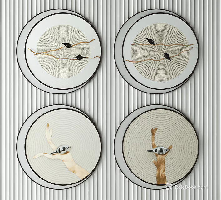 Modern Decorative Circular Framed Wall Art With Birds Branches Sloth And Leaves 3d model 