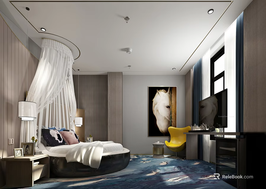 Modern Hotel Guest Room With Round Bed White Canopy Yellow Chair And White Horse Painting 3d model 