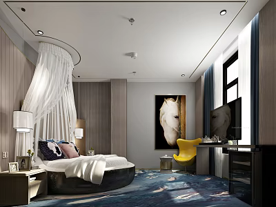 Modern Hotel Guest Room With Round Bed White Canopy Yellow Chair And White Horse Painting 3d model