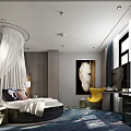 Modern Hotel Guest Room With Round Bed White Canopy Yellow Chair And White Horse Painting