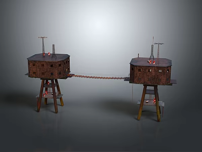 Two Connected Circular Tower Structures With Antennas And Support Legs Model 3d model