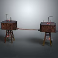 Two Connected Circular Tower Structures With Antennas And Support Legs Model