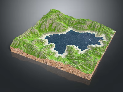 3D Terrain Model Featuring Green Mountain Ranges Central Blue Lake And Layered Strata 3d model