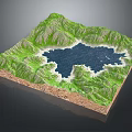 3D Terrain Model Featuring Green Mountain Ranges Central Blue Lake And Layered Strata
