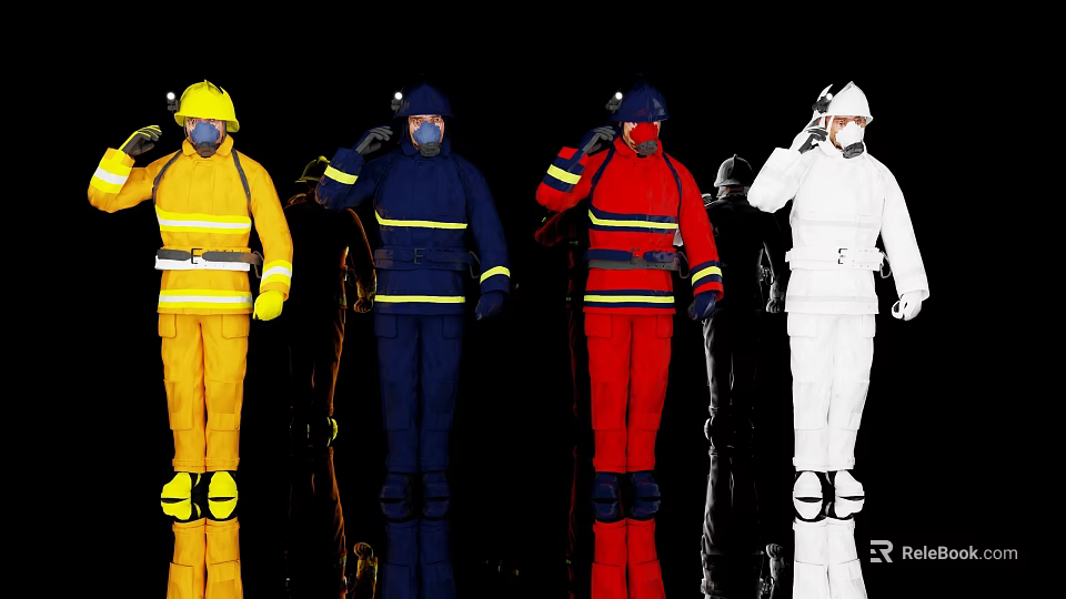 Men in Yellow Blue Red White Firefighting Uniforms Saluting Against Black Background With Reflective Surfaces 3d model 