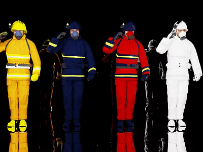 Men in Yellow Blue Red White Firefighting Uniforms Saluting Against Black Background With Reflective Surfaces 3d model