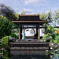 Traditional Chinese Style Pergola In Garden With Pond Lotus Flowers And Koi Fish