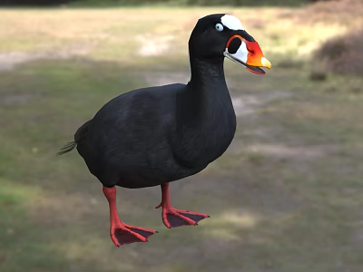 Flying Animal With Black Feathers Red Feet White Head Patch And Orange Beak On Ground 3d model