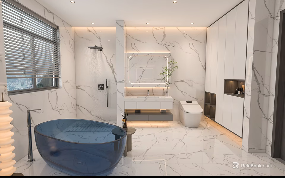 Modern Bathroom Interior With Marble Walls Blue Bathtub White Vanity Large Mirror And Smart Toilet 3d model 