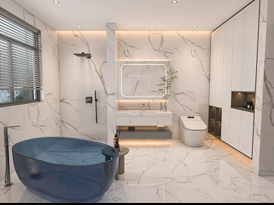 Modern Bathroom Interior With Marble Walls Blue Bathtub White Vanity Large Mirror And Smart Toilet 3d model