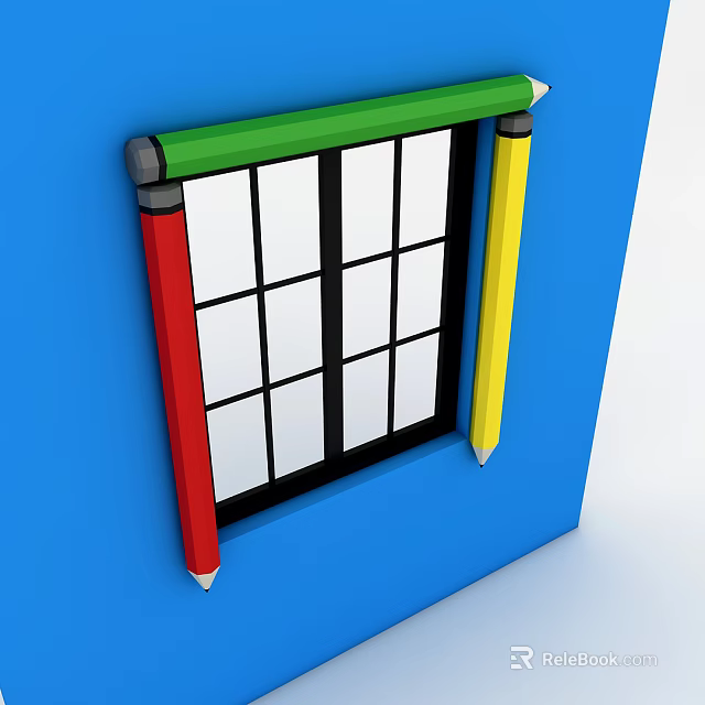 Casement Window with Red Yellow Pencils Black Frame White Grid Glass on Blue Wall 3d model 