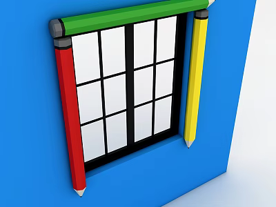 Casement Window with Red Yellow Pencils Black Frame White Grid Glass on Blue Wall 3d model