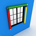 Casement Window with Red Yellow Pencils Black Frame White Grid Glass on Blue Wall