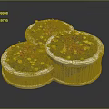 Three Circular Wooden Planters With Lush Yellow And Red Flowers And Green Plants