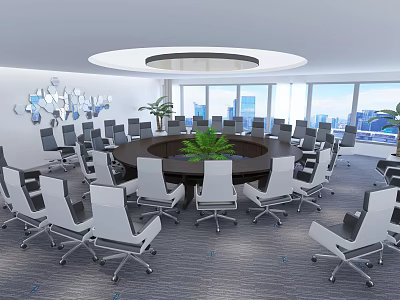 Modern Conference Room With Round Table White Chairs Central Plant And City View 3d model