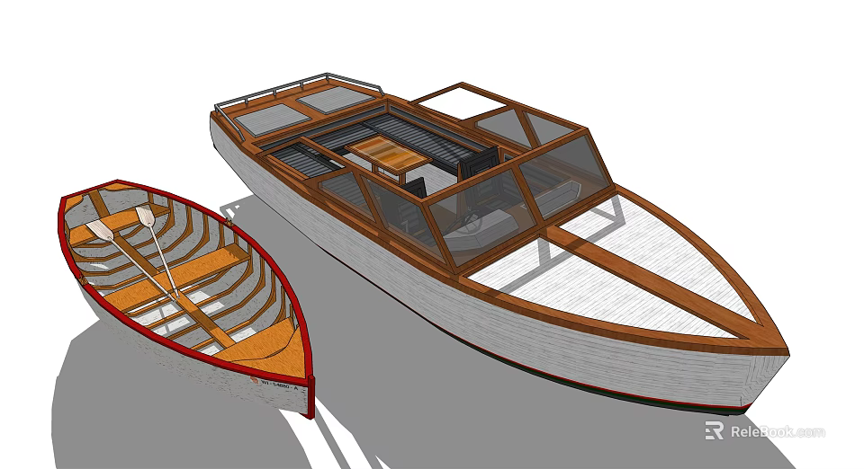 Two Classic Wooden Boats With Rowboat Design Cabin Structure And Wooden Decks 3d model 